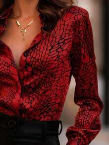 Classic Snake Skin Print Satin Sexy Alluring Shirt, Niche Design Versatile Slim Fit Vacation Spring Red - Red - View 4