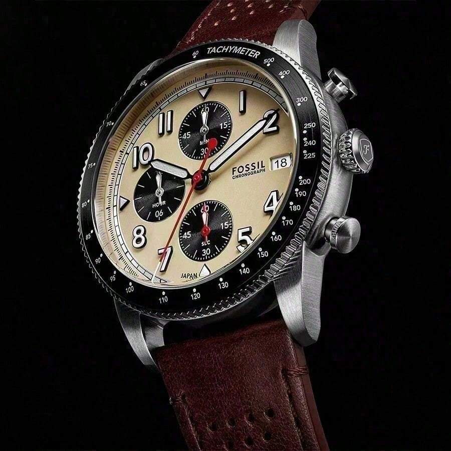Reloj de cuarzo para hombre, correa de cuero genuino, caja de acero inoxidable, lente de cristal transparente FS6042 - Marrón - Ver 1