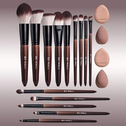  Bộ cọ trang điểm bằng gỗ cao cấp BS-MALL 14 món + 4 bông mút trang điểm, giúp thoa phấn mắt chính xác, không rụng lông, dùng cho phấn mắt, kem nền và má hồng.