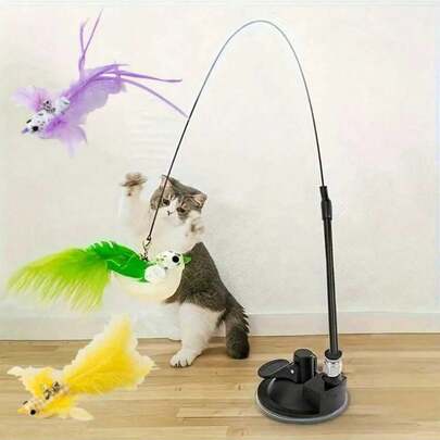1pc Strong Suction Cup Cat Teaser Wand With Feather, Long Steel Rod Self-Playing Cat Toy, Durable Chew Toy For Pets