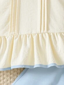 2pcs/Set Young Girls' Fresh & Gentle Contrast Color Collar Top + Solid Color Casual Shorts Set, Summer - Apricot - View 6