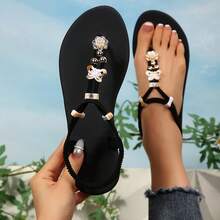 Bohemian Style Petal Metal Decor Roman Sandals - Black - View 11