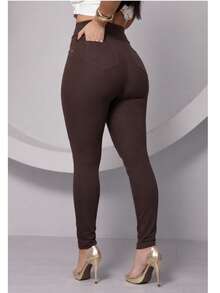 Women's Leggings With Pockets, High Waist, Riding Style, Roma Knit, Skinny - Óxido marrón - Ver 4