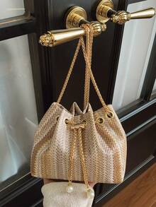 2026春夏新款麦秆编织卡其色斜挎包，金属链条水桶包，适合海滩度假、节日派对，女士节日礼物 - 彩色 - 查看 6