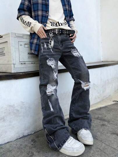 男士喇叭牛仔裤 - 喇叭形弹力牛仔裤，休闲舒适做旧弹力牛仔裤，哥特风拉链裤脚牛仔裤，Y2K灰色修身弹力时尚牛仔裤