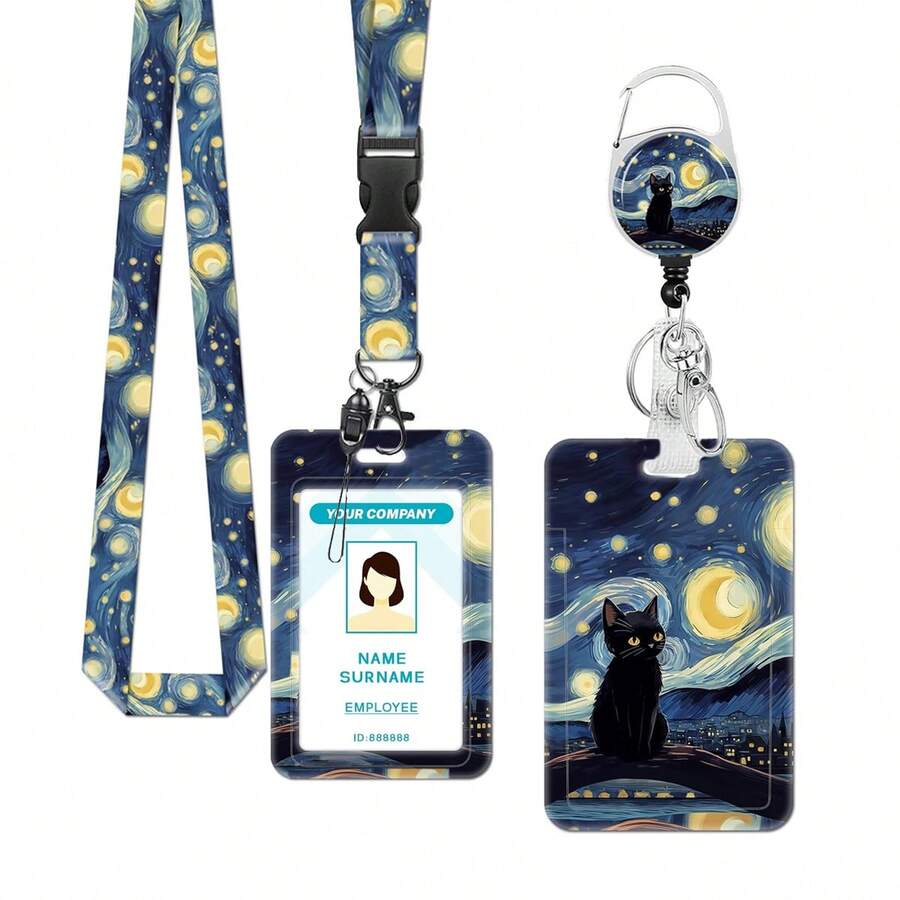 1 Set (Lanyard + Badge Clip + Card Holder) Versatile Starry Sky ID Badge Clip, Retractable Badge Reel, Fun Work Label Badge Holder With Rotating Clip, Nurse Name Card Holder, Medical Assistant Badge Companion, Detachable Lanyard For Hanging Phone, ID, Earphones, Work Badges, ID Card Protector Case, Business Card Holder, Suitable For Doctors, Teachers, Nurses, Caregivers, Volunteers, Office Workers, Office Supplies Gift - Simple Style - View 1