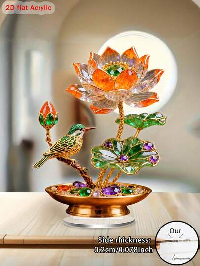 2D Plano, 1 peça Decoração de Acrílico para Mesa de Escritório Tipo Cristal com Floral e Pássaro, com Base Transparente - Decoração Elegante de Mesa 2D Plana, Adequada para Casa, Casamento, Presente do Dia dos Namorados/Dia das Mães - Decoração Floral Central Brilhante com Folhas e Design de Caule Dourados, Base Cúbica Transparente - Fácil de Limpar Exibição de Mesa de Luxo - Decoração Floral Versátil para Estantes e Mesas, 2D Plano, Decoração de Quarto Fofa, Acessórios de Decoração Doméstica, Acessórios de Mesa de Escritório, Suprimentos de Escritório, Decoração de Escritório