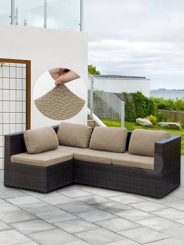 1 pieza Funda de cojín de sofá de exterior a rayas de jacquard, funda de cojín de sofá de unicolor de poliéster elástica y extraíble semi-cerrada, para sofá de patio, terraza y jardín