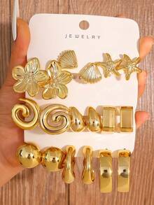 1-9 Pairs Bohemian Style Gold Tone Earring Set, Includes Hypoallergenic Small Hoops, Thick Hoops, And Starfish, Shell, Flower Stud Earrings, Lightweight & Comfortable, Minimalist Design, Suitable For Daily Wear And Vacation - Golden Flowers - View 2