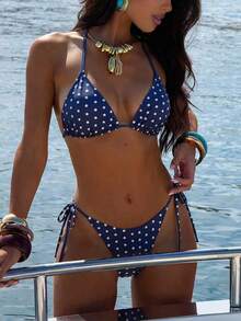 2026 Conjunto de 3 piezas de bikini con pantalones de tirantes con cordón y estampado de lunares para vacaciones de playa de verano para mujeres - azul real - Ver 5