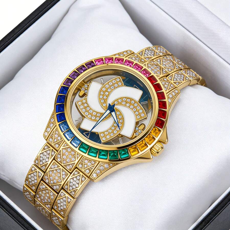 1pc Men's Diamond-Encrusted Watch, Business Quartz Chronograph Watch, Rotating Diamond Dial, Waterproof, Suitable For Party And Daily Wear, Birthday Gift