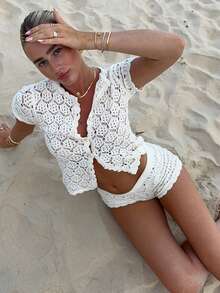 Women's White Hollow-Out Knit Top And Shorts Set - White - View 6