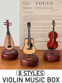 1pc New Rotating Violin Music Box, Lute Shaped Creative Home Decor, Room Decoration, Small Instrument Gift, 8-Sided Wind-Up Music Box, Birthday Gift, Gift For Her, Easter Gift - Retro Music Box - View 5