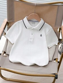 男童白色翻领Polo衫，学院风，夏季款 - 白色 - 查看 1