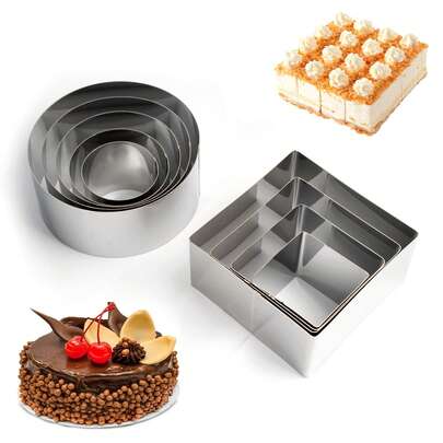 5件套不锈钢波浪边和直边饼干模具（尺寸分别为2英寸、2.6英寸、3英寸、4.7英寸和5.5英寸），4件套方形慕斯蛋糕圈