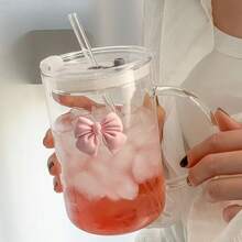 Bowknot Glass Water Cup, Transparent Heat-Resistant Coffee/Juice/Milk Cup With Straw And Handle, Includes Lid And Straw, Suitable For Office, Home, And Gifts - Multicolor - View 1