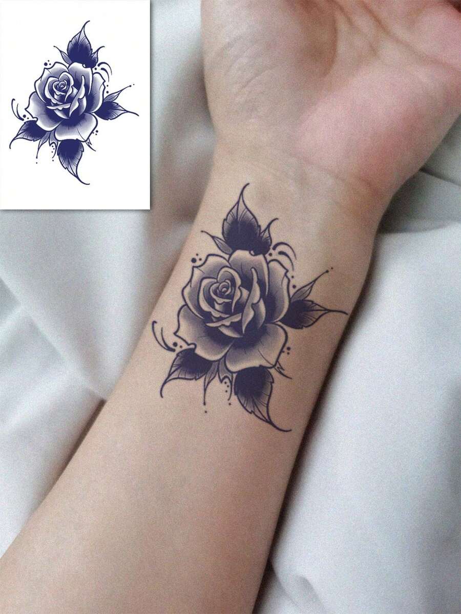1pc Y2K Style Minimalist Rose Graphic Temporary Tattoo Sticker, Lasts 1-2 Weeks, Waterproof & Easy To Use, Suitable For Arms, Waist, Feet Of Men & Women, Natural Matte Finish, Reusable Waterproof Fake Tattoo, Essential For Parties, Gifts, Travel, Music Festivals, Suitable For Daily Use - Dark Grey - View 1