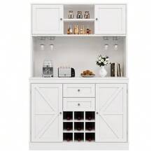 Mueble de cocina con estantes ajustables y botellero, aparador de cocina alto con 4 puertas y 2 cajones, aparador para cocina y salón, mueble aparador, color blanco - Blanco - Ver 7