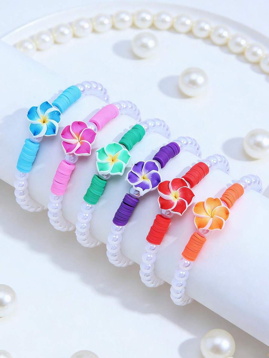 6件套软陶花朵珍珠串珠手链套装，适合女孩日常佩戴、参加派对、生日礼物 - 彩色 - 查看 1