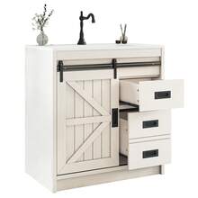 31 Inch Farmhouse Bathroom Vanity With Sink – Wood Grain Cabinet With Sliding Barn Door, Drawers & Metal Handles - 白色 - 查看 9