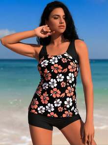 2026  Tankini Bathing Suit For Women, Pink And White Hibiscus Print Top With Black Boyshort Bottoms - Flower color(花色) - 查看 7