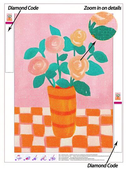 |5D DIY钻石画|橘色花瓶中的蜜桃玫瑰花束DIY钻石画套装，柔和的蜜桃色和珊瑚色玫瑰花朵，鲜艳的蓝绿色叶子点缀，以及复古的橙白格子桌面设计。手工装饰画，5D DIY刺绣马赛克艺术，打造属于你自己的DIY墙面艺术，享受动手的乐趣，送给朋友的最佳礼物