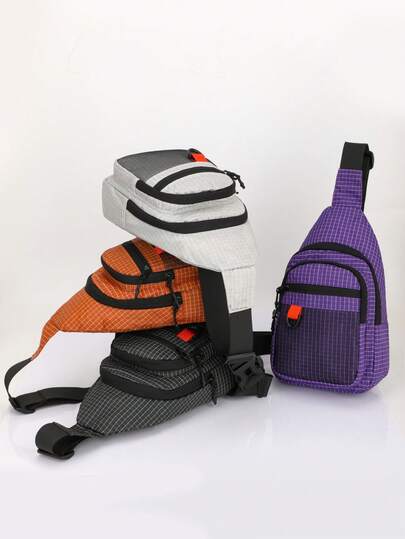 时尚格子胸包男女通用尼龙单肩斜挎包，轻便户外休闲手机袋小背包通勤必备