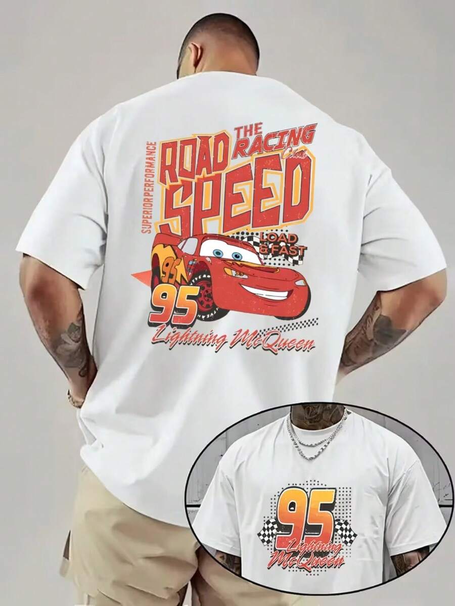 Disney 1 Official "Cars" Lightning McQueen Men's Graphic T-Shirt 95 RedSplatter Design, Breathable Summer Short-Sleeve Top With Loose CasualCrew Neck And Machine Wash Able White Shirts - trắng - Xem 1