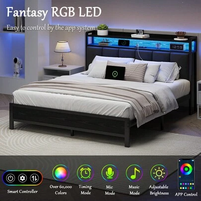Twin/ Full/ Queen/ King Bed Frame With Storage Headboard, LED Bed Frame With Charging Station, Upholstered Platform Bed Frame With Heavy Duty Metal Slats, No Box Spring Needed, Easy Assembly, Black/ White/ Beige