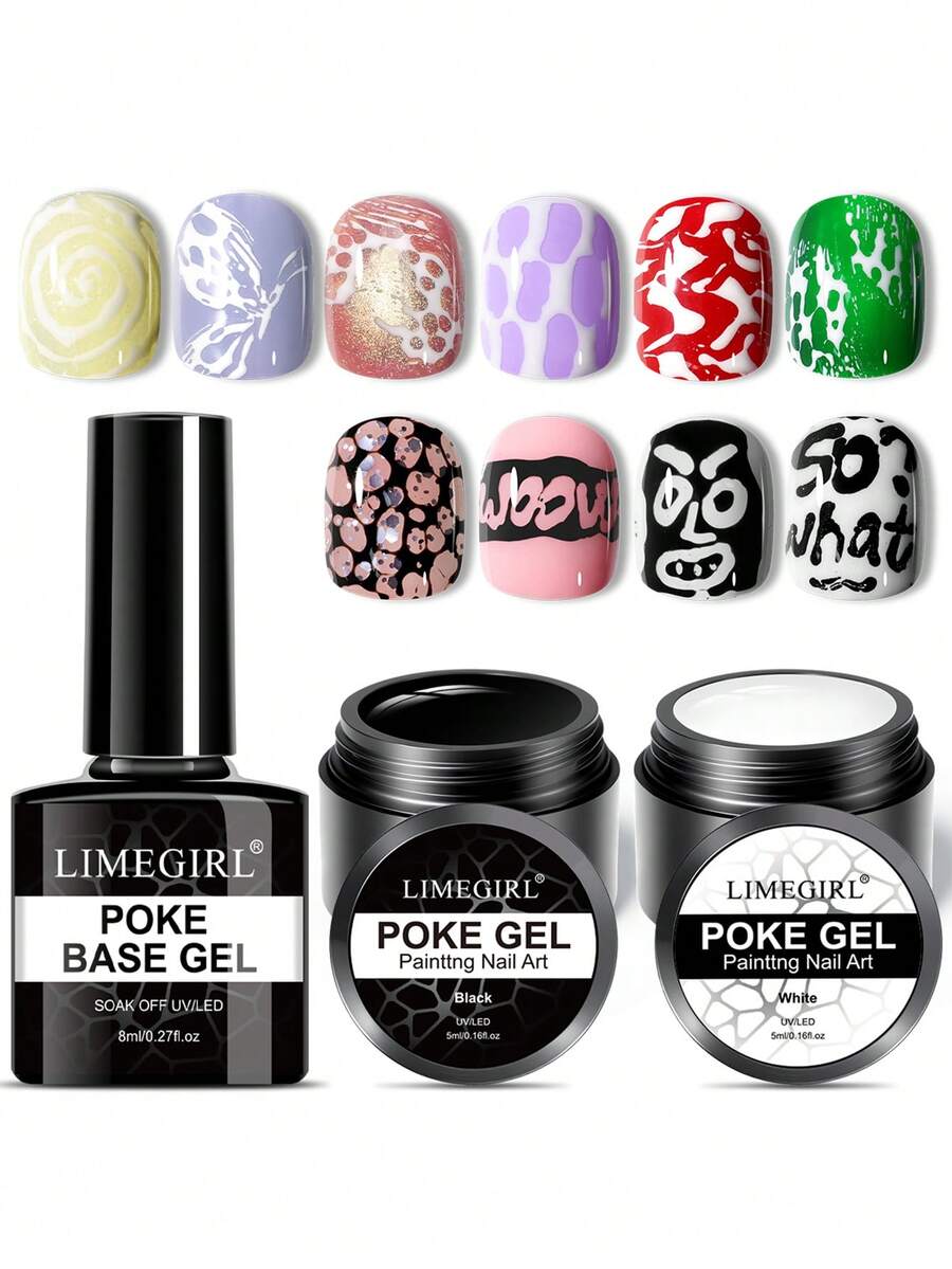 Limegirl 黑白戳戳凝胶指甲油，含专业戳戳底胶，多功能彩绘美甲设计，蕾丝字母波浪花朵美甲DIY家居