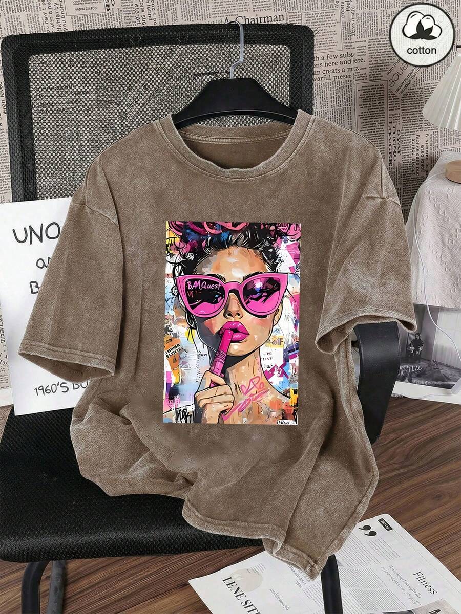 American New Style Women's 100% Pure Cotton T-Shirt, Fun Retro Bold Pink Lipstick, Urban Graffiti Portrait Cartoon Letter Pattern Print, Street Korean-Style Comfortable Retro Fashionable Commuting And Versatile Y2k Women's Clothing. Regular Small-Scale Punk Style Apricot Fitted Round-Neck Short-Sleeved Washed T-Shirt, Washed Retro Series Of Comfortable Pure Cotton T-Shirts, Easily Create Retro Casual Clothing, Suitable For Daily Commuting, Casual Outings, Music Festivals, Daily Wear, Classic Retro Style Women's Clothing. - Màu nâu Mocha - Xem 1