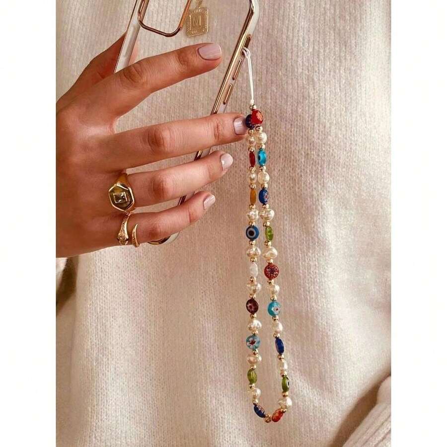 1pc Colorful Faux Pearl Devil's Eye Glass Phone Case With Lanyard, Suitable For Daily Matching, Keychain, Bag Pendant - Nhiều màu - Xem 1
