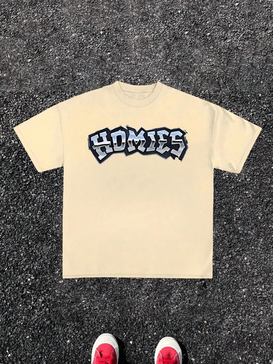 1pcs Homies Letter Print TShirt, Urban Style 100% Cotton TShirt Men's Graphic TShirt Summer Cool TShirt Perfect Gift For Family Or Friend, Casual Streetwear TShirt Men - Apricot - View 1
