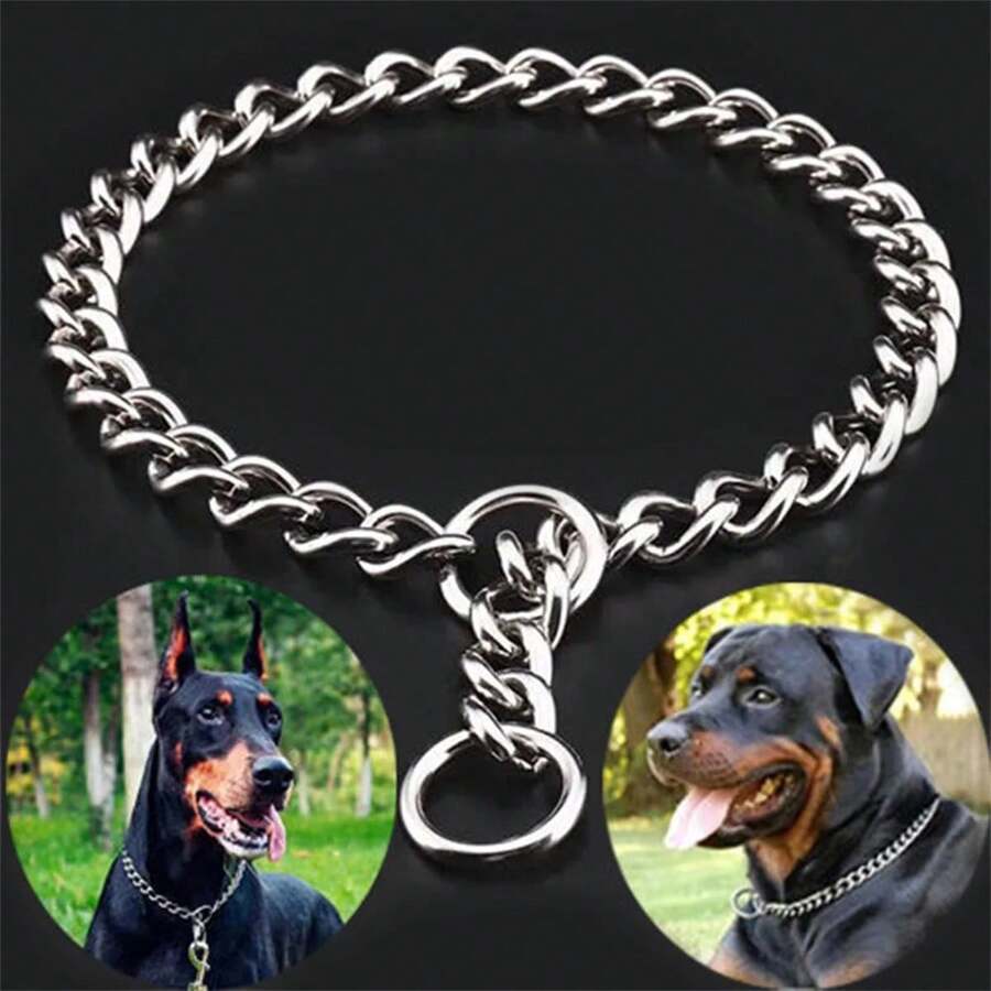 不锈钢蛇形链可调节狗项圈，适合斗牛犬及其他犬种 - 銀色 - 查看 1
