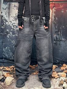 Jeans baggy super ample de type Y2K pour hommes, en jean vintage lavé noir gris sans stretch. Pantalon de rue à jambes larges, décontracté et quotidien, pour le skate. Plusieurs tailles disponibles. - Noir - Voir 3