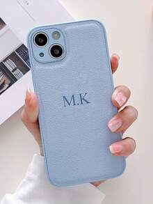 Personalized Luxury Crocodile Texture Embossed Letter Faux Leather Phone Case, Compatible With Apple 17, 16, 15, 14, 13, 12, 11 Pro Max, 14, 15, 16 Plus, 17 Air. Hot Stamping Letter Customization, All-Inclusive Protective Cover, Stylish Phone Accessory, Minimalist Anti-Fingerprint Anti-Drop Anti-Shock Couple Phone Case, Valentine's Day Gift - Baby Blue - View 3