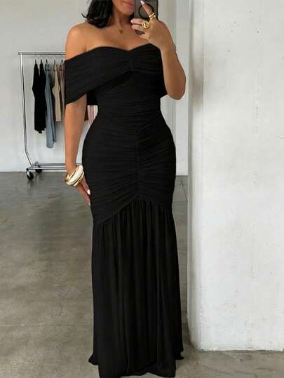 ChicMe Vestido largo de sirena con hombros descubiertos y pliegues, vestido de cóctel elegante y ajustado sin mangas para fiestas