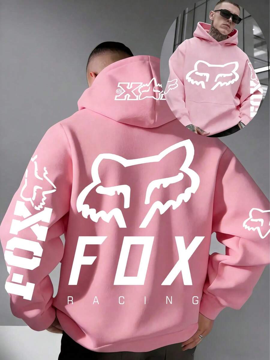 Fox Racing Graphic Black Hoodie Print Fashion Casual Men Hoodies Oversized Comfortable Streetwear Pullover Hooded Sweatshirt For Men Retro Graphic Design Long Sleeve Hoodie - 粉色 - 查看 1