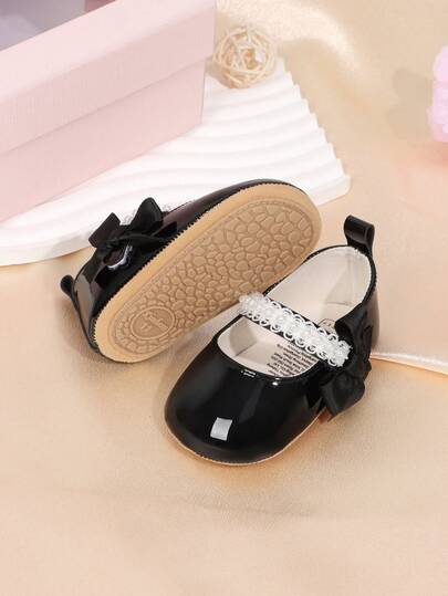 1 Pair Infant Girls' Solid Color Bow PU Soft Bottom Non-Slip 0-18 Months Shoes, Elegant Palace Style Shoes Suitable For Spring & Autumn