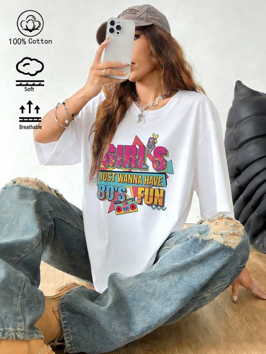 100% Cotton Women's White T-Shirt, 1980s Retro-Style Graphic Tee, Spring/Summer Seasonal New Arrival Sportswear For Women, Loose Fit,Fashionable Soft And Breathable Women's Short-Sleeved Top - White - View 1