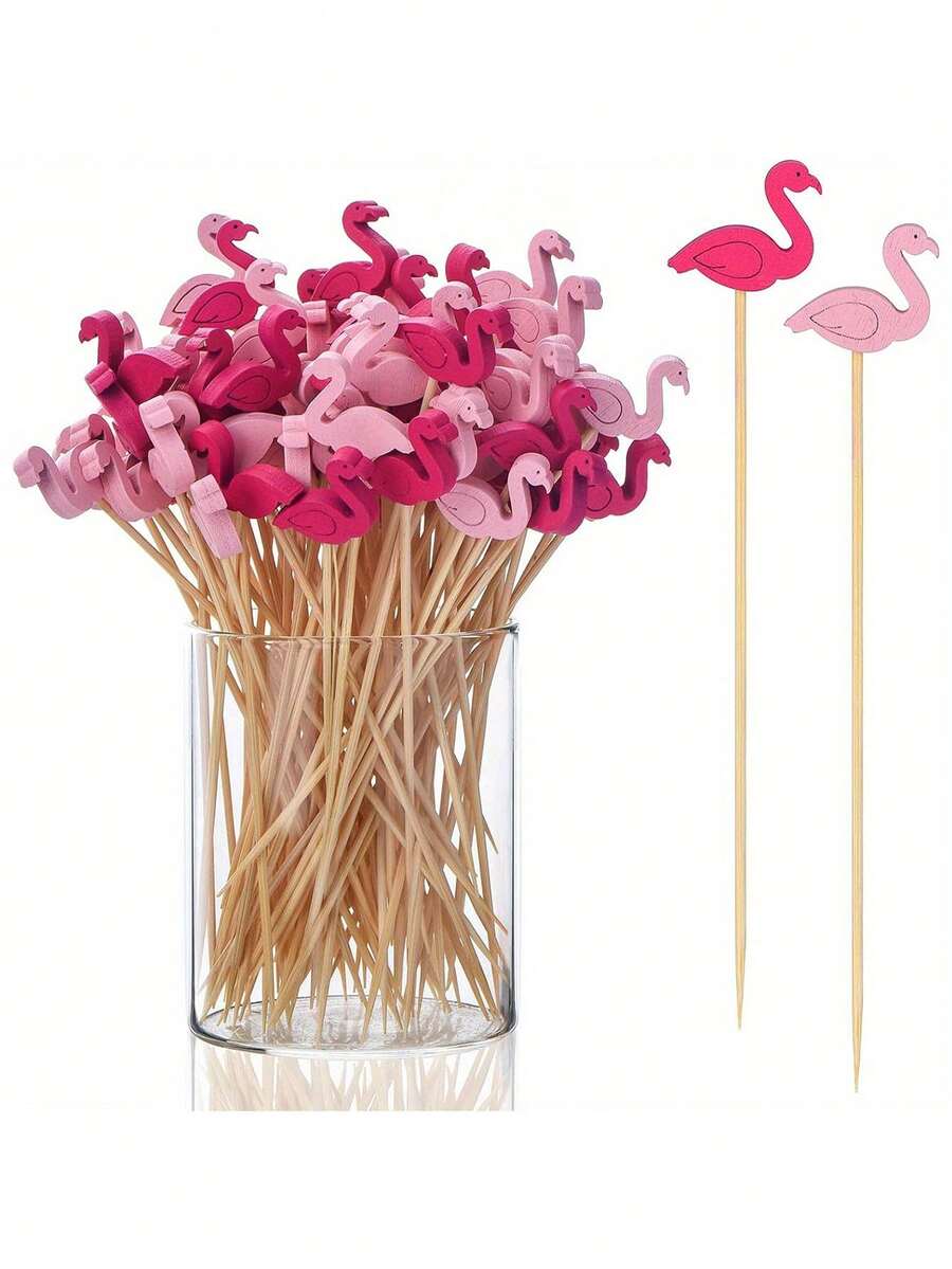 100pcs Natural Bamboo Flamingo Shaped Appetizer Picks, Suitable For Appetizers, Cakes, Fruits, Desserts, Party Decorations, Wedding Decorations, Birthday Party Decorations, Summer Party Decor