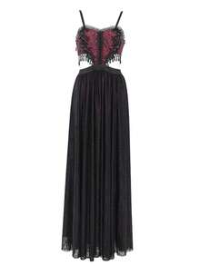 EVA LADY Đầm maxi dây mảnh ren Gothic, đầm dạ hội lưới đính cườm tua rua khoét hở gợi cảm. - Màu Đỏ Sâu - Xem 5
