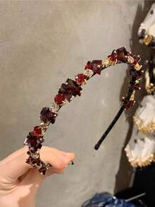 奢华巴洛克水晶水钻发箍，法式优雅女士发饰，宴会发夹，浮雕闪亮宫廷风人造水晶，适合万圣节、美容、家居卧室装饰发箍发圈 - 酒紅色 - 查看 9