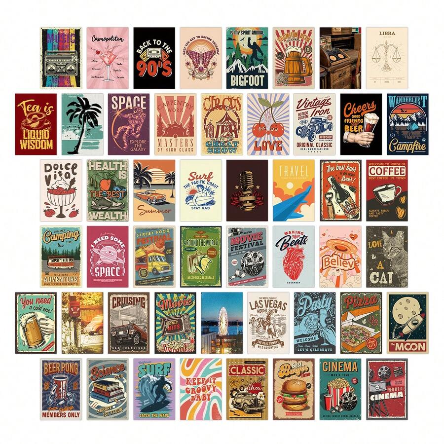50pcs Vintage Hippie Style 3.94x5.91 Inches Wall Art Set - Movie Aesthetic Posters & Collage Kit For Retro Room Decor, Teen Dorms & Photo Displays - A - View 1