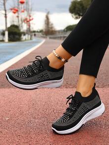 Zapatillas de plataforma de primavera para mujer con decoración de diamante de imitación, minimalistas, versátiles, casuales, cómodas y ligeras para el campus y el uso diario - Negro - Ver 6