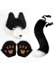 3pcs/Set Fox Cosplay Mask, Plush Animal Gloves And Tail, Party Stage Costume Props For Halloween - Set - View 4