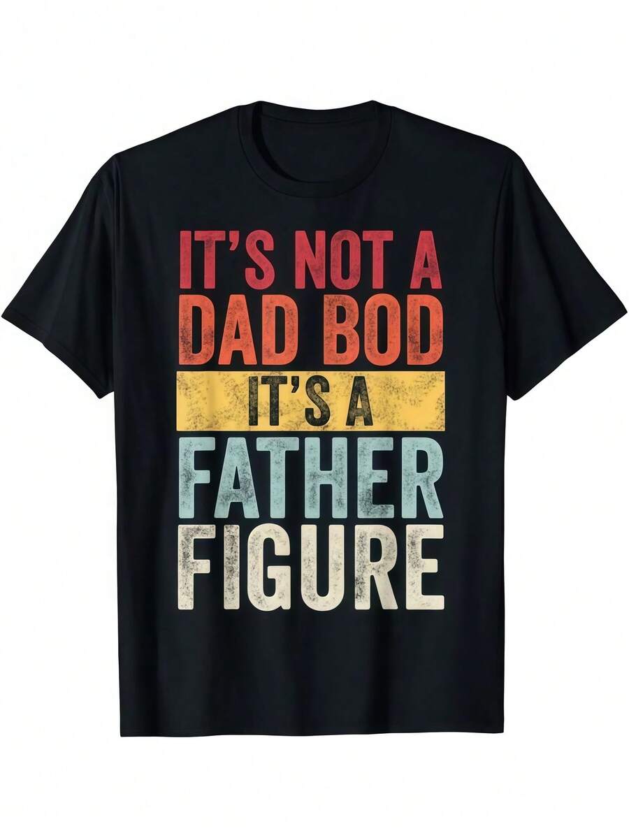 1 Pc Men's Clothing Dad Bod Father Figure Printed Black Tshirt, Graphic Tee, Summer Tops, Shirt, Unisex Casual Crew Neck Tshirt, Plus Size Men's 5XL, Lightweight 220 G/M² Knitted Fabric, Machine Washable, Suitable For Spring/Summer/Autumn Wear, Father's Day, Christmas, Thanksgiving - 黑色 - 查看 1
