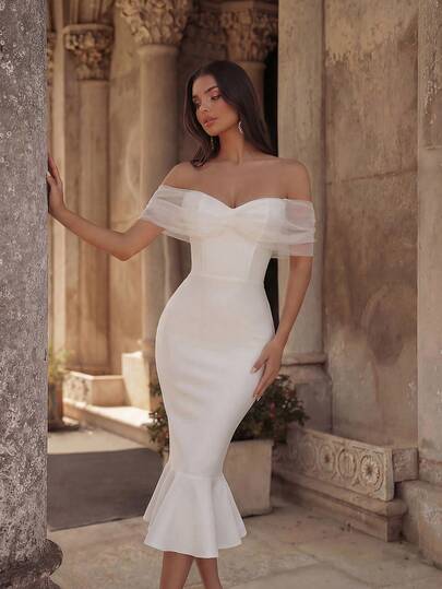 ADYCE Vestido blanco con hombros descubiertos y bajo de cola de sirena, elegante vestido de cóctel semi-formal para invitados de boda, adecuado para cumpleaños, graduación, cena, regreso a casa, verano, Año Nuevo y otras ocasiones de primavera