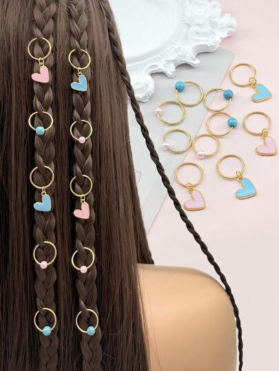 10pcs/Set Pink & Blue Heart Shaped Beaded Scrunchies With Faux Turquoise, Adjustable Hair Clips, Bohemian Style Hair Accessories For Braids And Buns