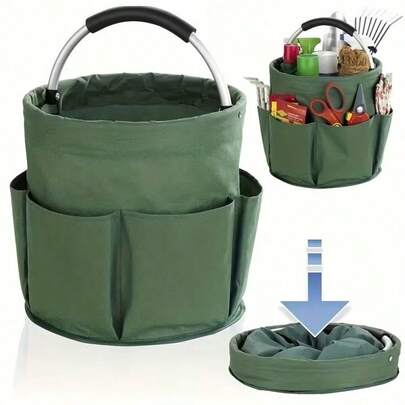 Oxford Tuch Gartenwerkzeug Aufbewahrungseimer mit Taschen, 6 Fächer, großer Kapazität zusammenklappbares Cut Out Design zur Raumersparnis, tragbarer runder Griff für Heimgärtnerei, Outdoor-Camping, Strand, Mülleimer